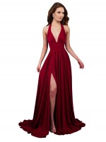 A-Line Halter Plunge V-Neckline Open Back Spandex Evening Dress with Slit