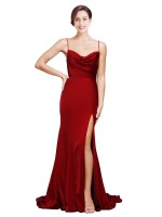 Cowl Front Neck Sweep Train Stretch Satin Evening Dress with High Side Split