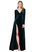 Deep V-Neck Long Sleeves Velvet Evening Dress with High Side Split