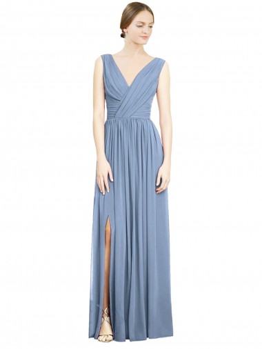 Sleeveless Draped Chiffon Evening Maxi Dress with Front Slit