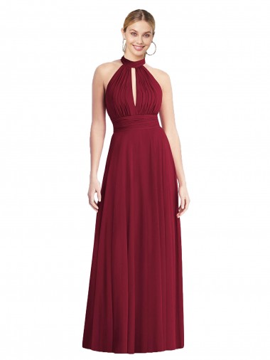 High-Neck Open Back Shirred Halter Evening Maxi Dress