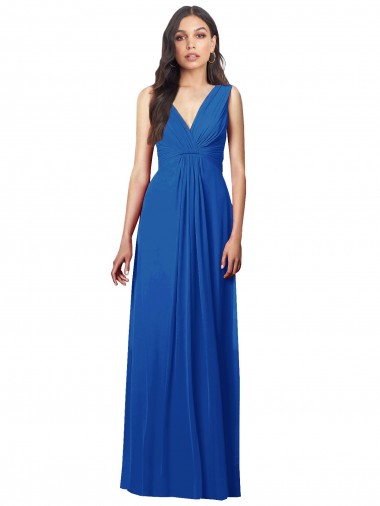 Draped V-Neck Shirred Chiffon Evening Maxi Dress