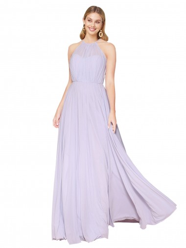 High Neck Halter Shirred Chiffon Evening Dress