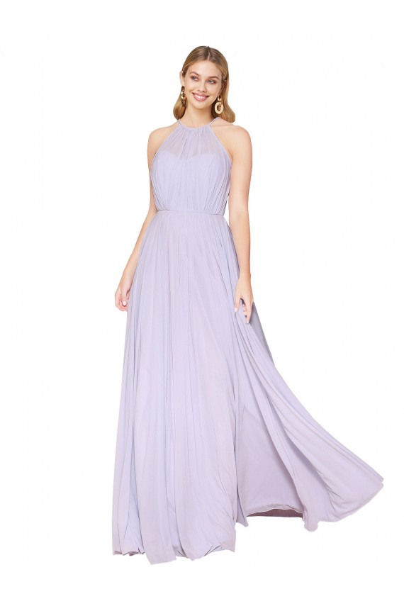 High Neck Halter Shirred Chiffon Evening Dress