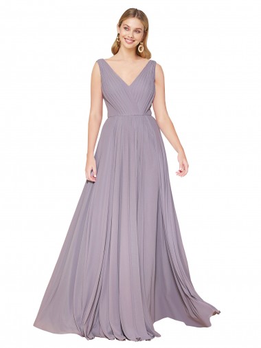 Draped Floor Length High Neck V-Back Chiffon Evening Dress with Shirred Bodice