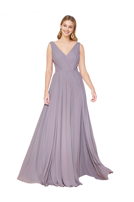 Draped Floor Length High Neck V-Back Chiffon Evening Dress with Shirred Bodice