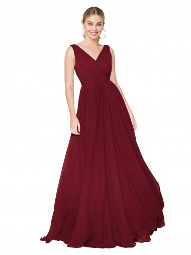 Draped A-Line V-Neck Floor Length Chiffon Evening Dress