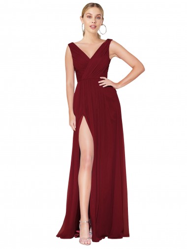 Draped Mermaid Long V-Neck Chiffon Evening Dress with High Slit