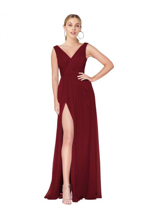 Draped Mermaid Long V-Neck Chiffon Evening Dress with High Slit