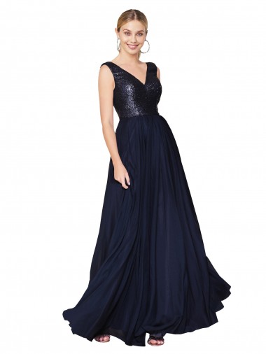 High Neck V-Neck Long Chiffon Evening Dress with Sequin Top