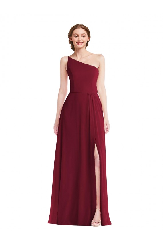 One Shoulder Chiffon Evening Maxi Dress with Shirred Front Slit