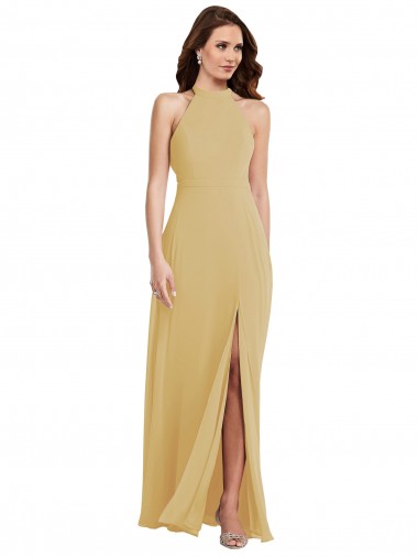 Stand Collar Halter Evening Maxi Dress with Criss Cross Open Back