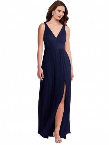 Deep V-Neck Chiffon Evening Maxi Dress with Front Slit