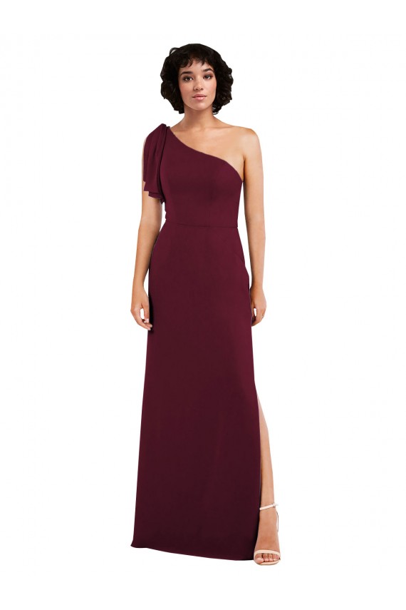 One Shoulder Chiffon Evening Dress with Skirt Slit and Accent Strap