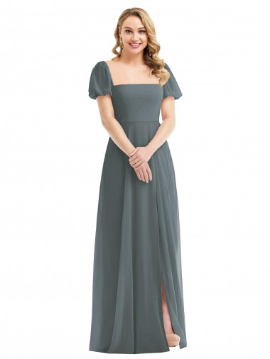 Puff Sleeves Chiffon Evening Maxi Dress with Front Slit