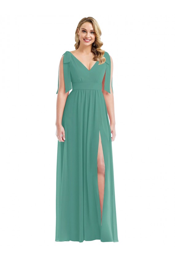 Plunge Neckline Bow Shoulder Chiffon Evening Maxi Dress