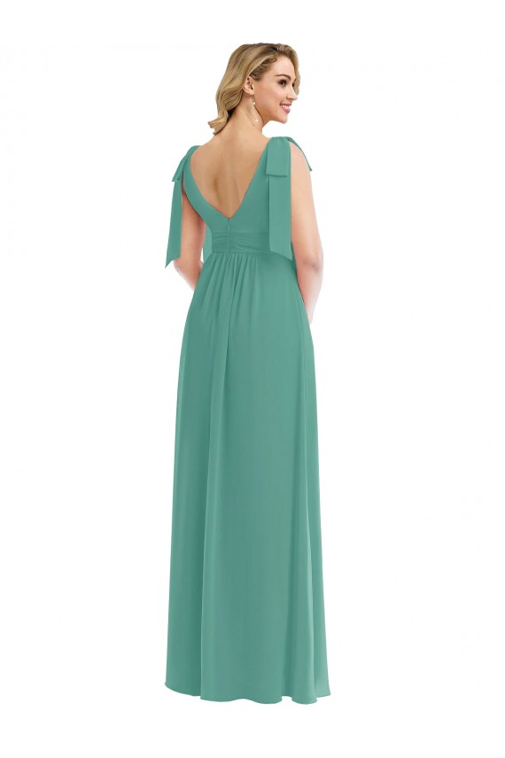 Plunge Neckline Bow Shoulder Chiffon Evening Maxi Dress
