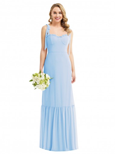 Tie Shoulder Bustier Bodice Ruffle Hem Evening Maxi Dress