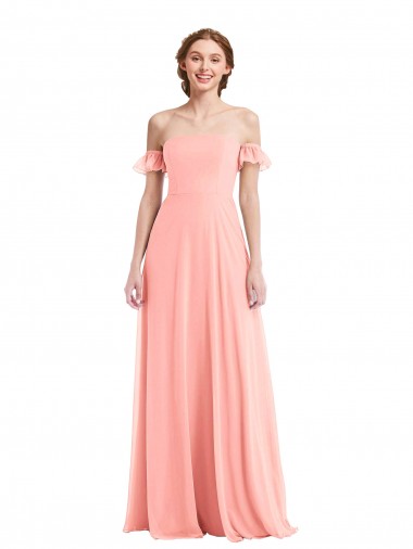 Off the Shoulder Ruffle Cuff Sleeve Chiffon Evening Maxi Dress