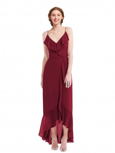 Ruffle Trimmed V-Neck High Low Wrap Chiffon Evening Dress