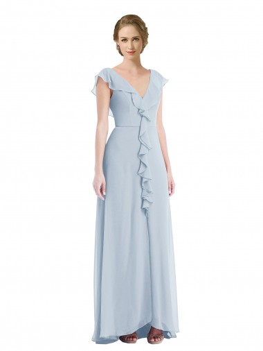Ruffle Trimmed V Back Chiffon Evening Maxi Dress