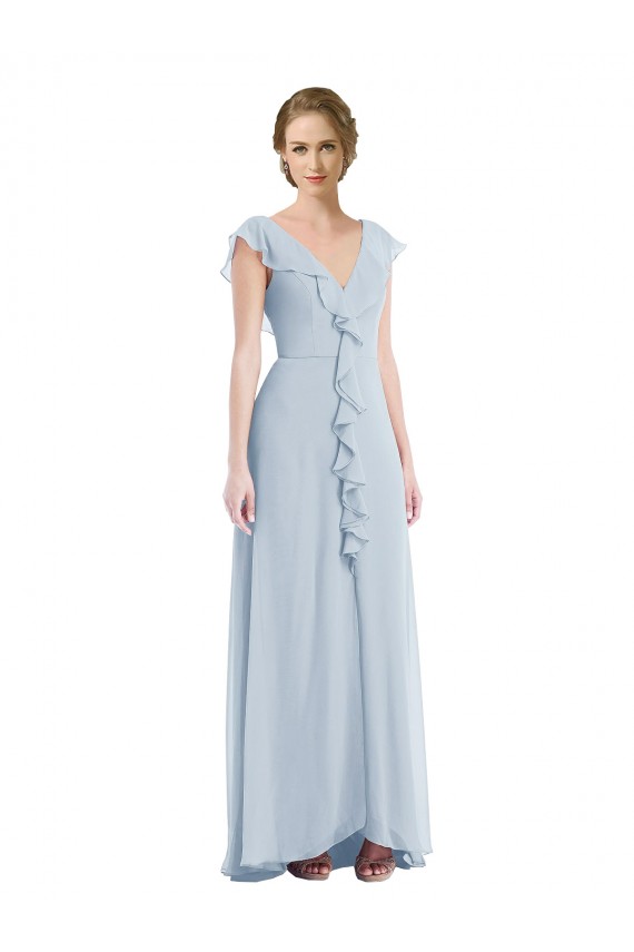Ruffle Trimmed V Back Chiffon Evening Maxi Dress