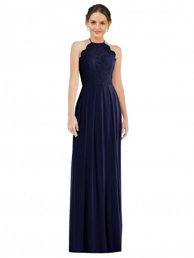 Tie Neck Lace Halter Pleated Skirt Evening Maxi Dress