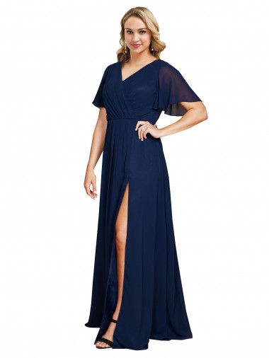 Chiffon V-Neck Short Sleeves Long Evening Dress with High Slit