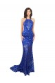 High Neck Long Open Back Lace Evening Dress with Train