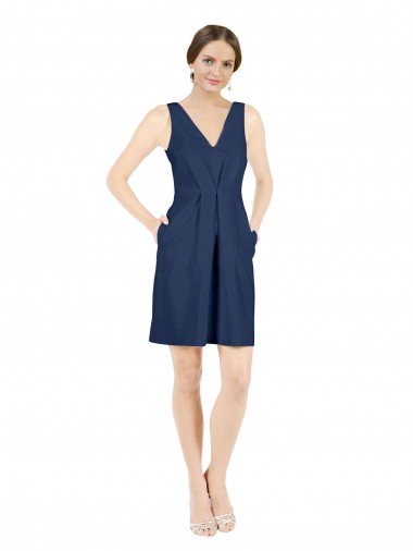 Deep V-Neck Short Knee Length Satin Cocktail Evening Dress with Slimming Pleats