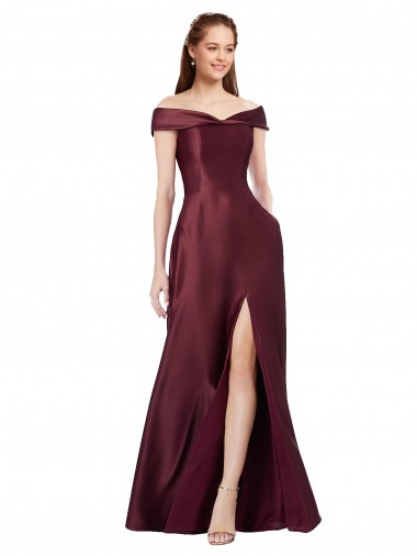 Long Off the Shoulder Satin Evening Dress with Thigh-high Slit