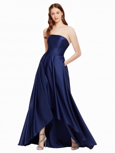 High Low Strapless Satin Evening Dress with Pockets