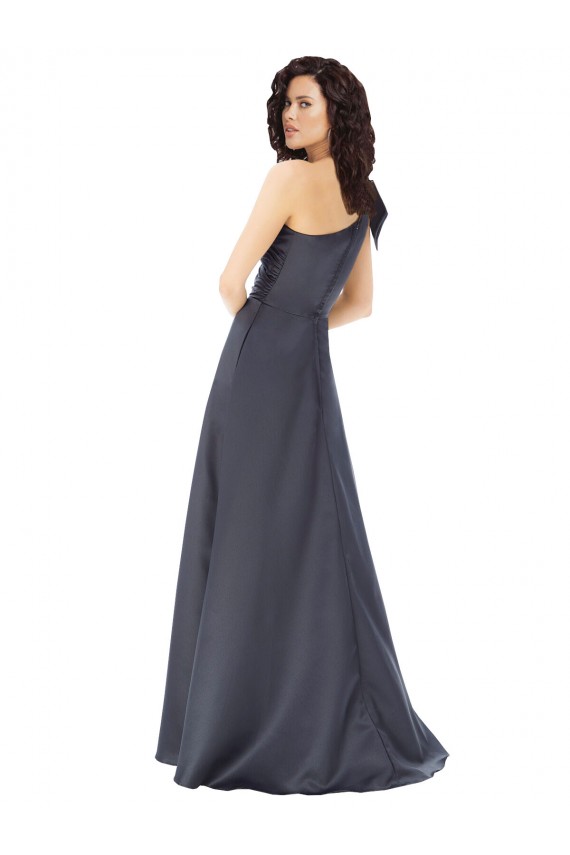 Rouched One Shoulder Floor Length Satin Evening Dress with Bow