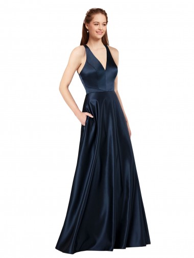 Long Satin Evening Dress with Halter Neckline