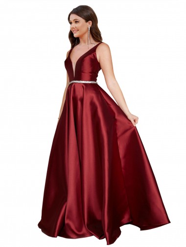 Sleeveless Deep V-Neck A-Line Satin Evening Dress with Pockets