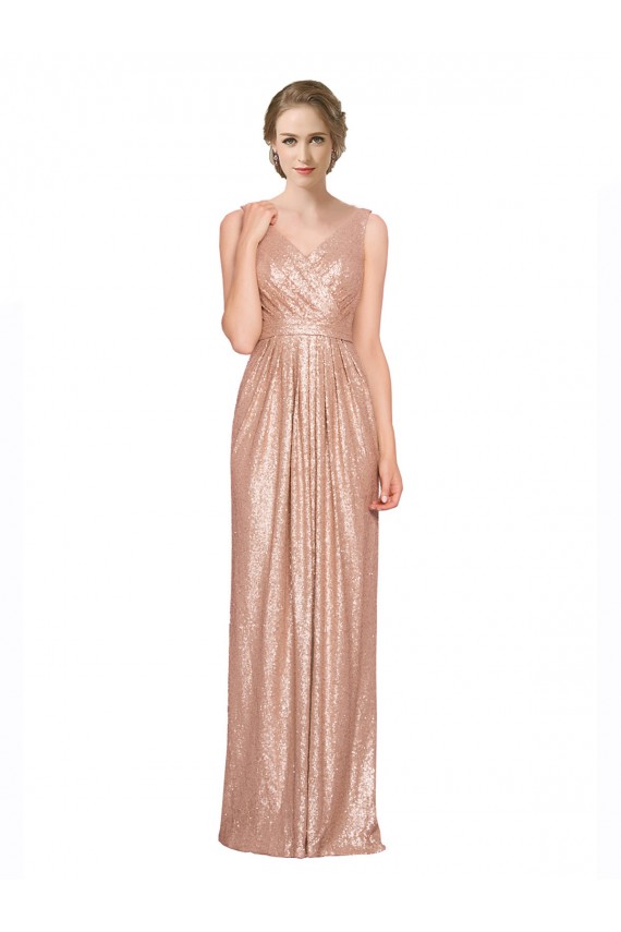 Draped V-Neck Striking Sheath Floor Length Sequin Evening Dress