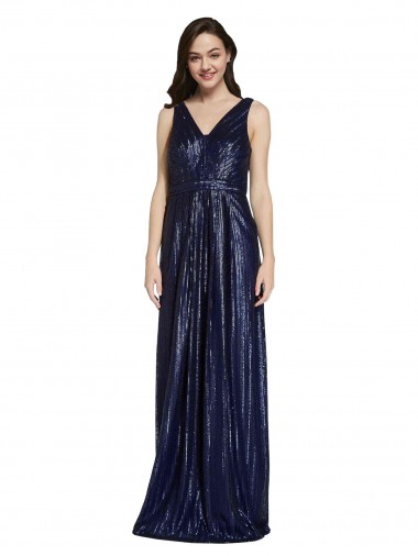 Long V-Neck Sparking Sequin Evening Dress with Low V-Back