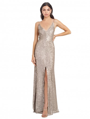 V-Neck Fully Sequin Evening Dress with V-Back and Front Slit