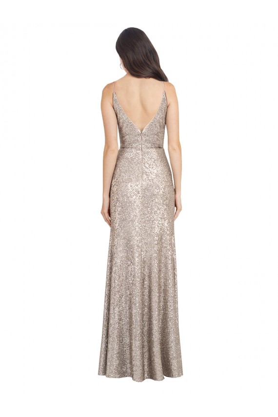 V-Neck Fully Sequin Evening Dress with V-Back and Front Slit