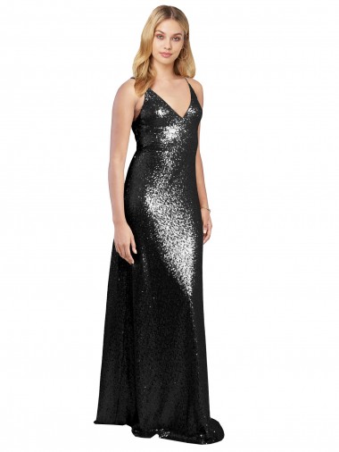 Full Length A-Line Sequin Evening Dress with Spaghetti Straps V-Neckline