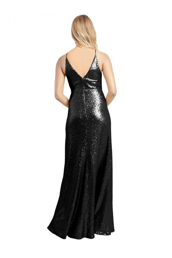 Full Length A-Line Sequin Evening Dress with Spaghetti Straps V-Neckline