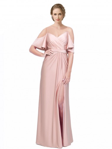 Draped Cold Shoulder Sleeves Long Silky Satin Evening Dress with Slit and Tie Back
