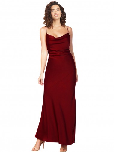 Cowl Neck Low Back Silky Satin Evening Dress with Thin Back Straps
