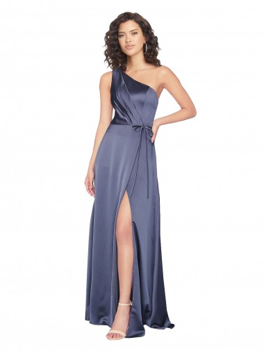 Draped Silky Satin Evening Dress with Tied Waist