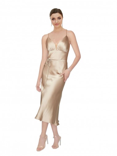 Empire Waist Silky Satin Midi Length Cocktail Evening Dress