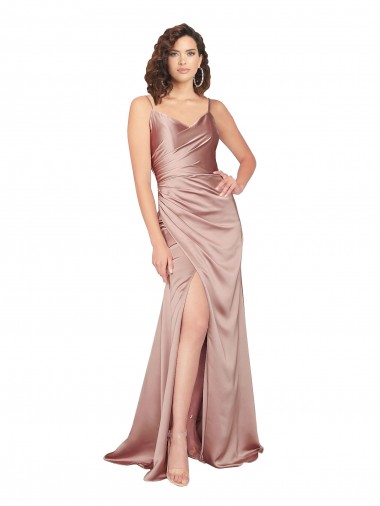 Floor Length Silky Satin Evening Dress with Front Skirt Slit