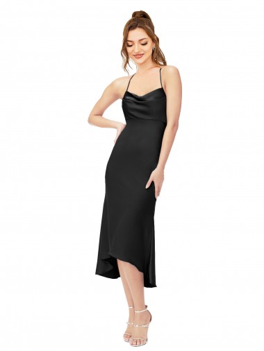 High Low Silky Satin Cowl Neck Midi Length Cocktail Evening Dress