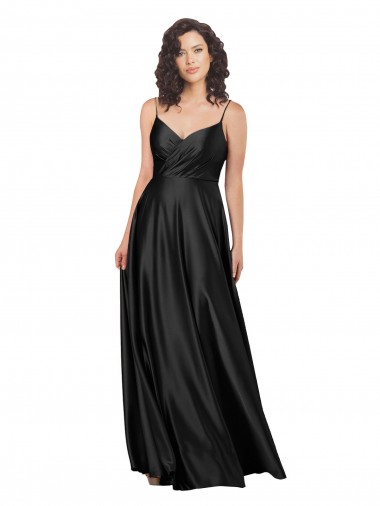 Full Length V-Neckline Silky Satin Evening Dress with Full Skirt