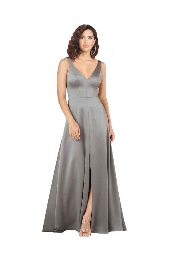 Plunging V-Neckline Long A-Line Silky Satin Evening Dress