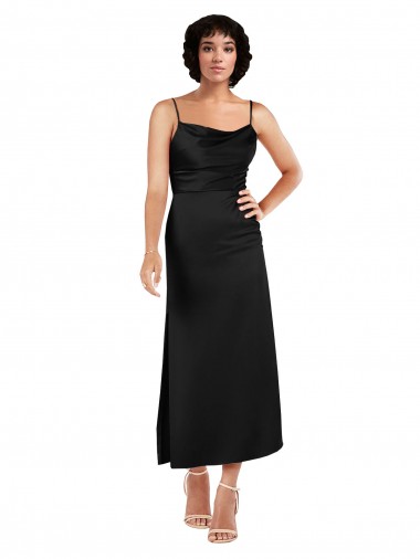 Cowl Neck Tea-Length Short Silky Satin Cocktail Evening Dress with Skirt Slit